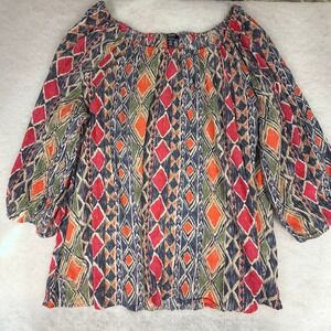 Chaps Denim Boho Tribal Print Peasant Blouse Womens 3X Diamond Ikat Print Cotton